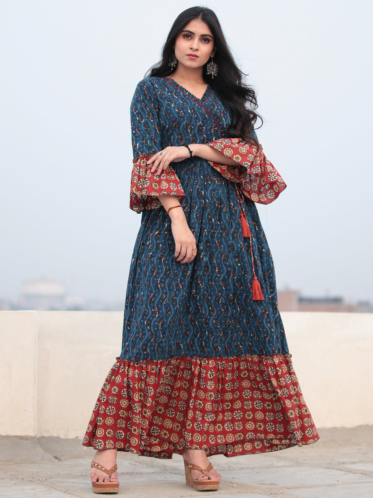 Indigo Red Hand Block Printed Angrakha Style Cotton Long Dress D464F2142
