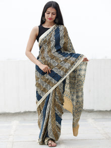 Beige Indigo Brown Black Ajrakh Hand Block Printed Modal Silk Saree in Natural Colors - S031703709