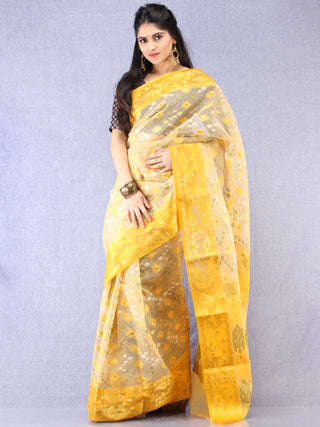 Banarasee Organza Saree With Zari & Resham Work - Ivory Pink & Gold  - S031704323