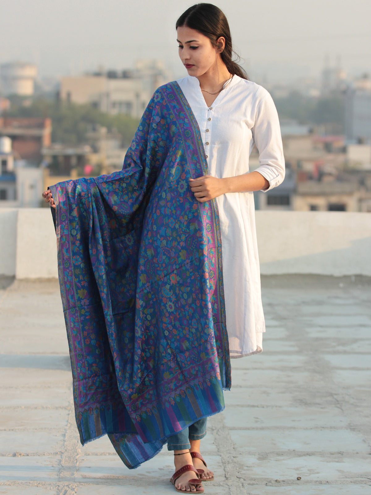 Sky Blue Multi Color Kani Jamawar Silk Wool Kashmiri Shawl - S200522