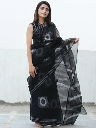 Black & White Hand Block Printed Kota Doria Saree  - S031704083