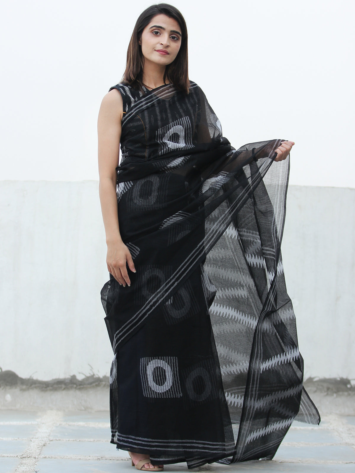 Black & White Hand Block Printed Kota Doria Saree  - S031704083