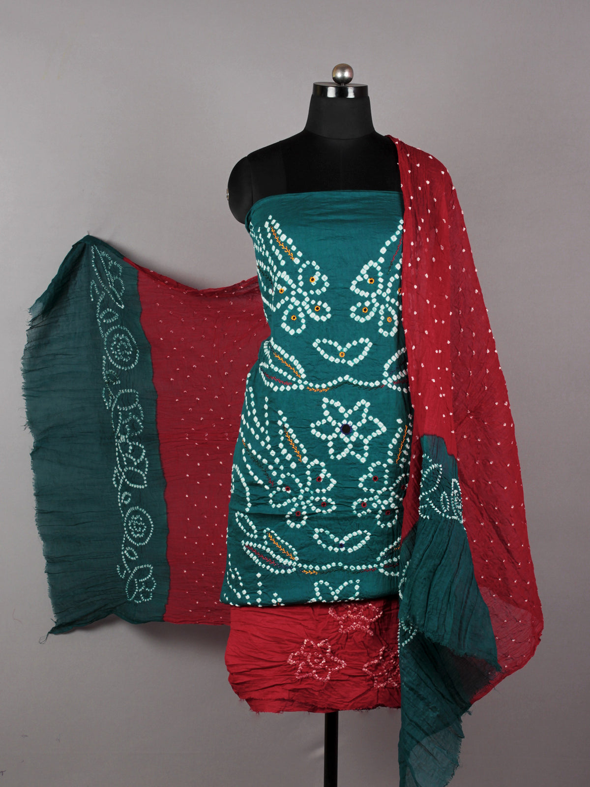 Teal Green Maroon White Hand Tie & Dye Bandhej Suit Salwar Dupatta (Set of 3) With Hand Embroidery & Mirror Work - S16281255