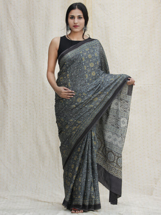 Black Indigo Olive Green Ajrakh Hand Block Printed Modal Silk Saree - S031704129