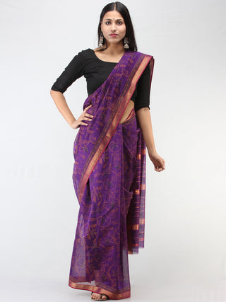 Purple Pink Hand Block Printed Maheshwari Silk Saree With Zari Border - S031704469