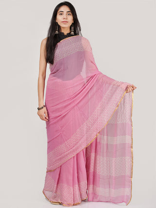 Pink OffWhite Hand Block Printed Chiffon Saree With Zari Border - S031704698