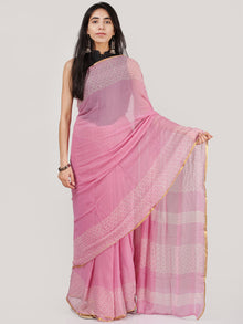Pink OffWhite Hand Block Printed Chiffon Saree With Zari Border - S031704698