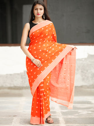 Orange White Green Ikat Handwoven Cotton Saree - S031704041