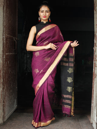 Purple Golden Black Handwoven Linen Jamdani Saree With Zari Border & Tassels - S031704014