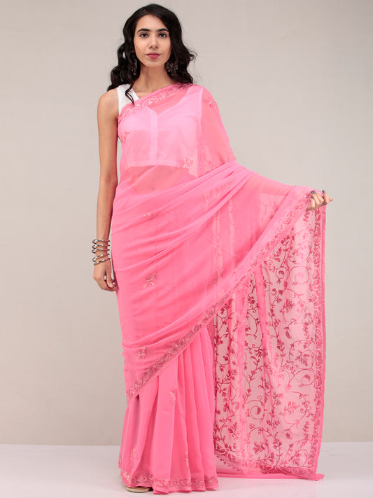 Pink Aari Embroidered Georgette Saree From Kashmir - S031704639