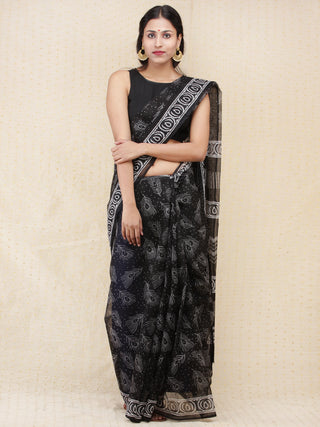 Black & White Hand Block Printed Kota Doria Saree  - s031704166