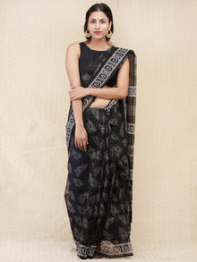 Black & White Hand Block Printed Kota Doria Saree  - s031704166