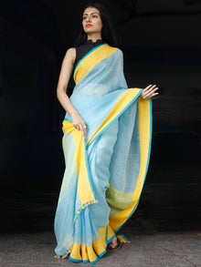 Pastel Blue Yellow Handwoven Linen Saree With Yellow Border - S031703456