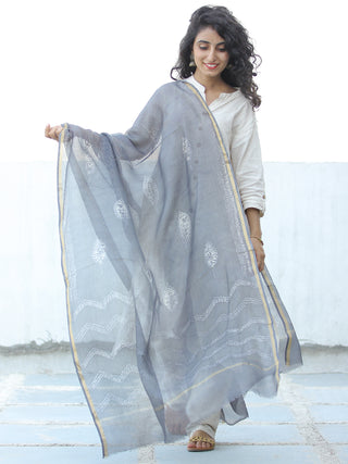 Grey White Shibori Kota Silk Hand Block Printed Dupatta - D04170647