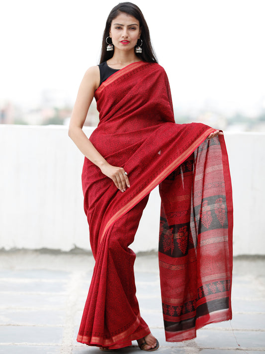 Red Maroon Black Bagh Hand Block Printed Maheswari Silk Saree With Resham Border - S031703840