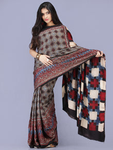 Black Maroon Ivory Indigo Ajrakh Hand Block Printed Modal Silk Saree - S031704189