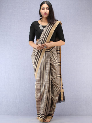 Ivory Black Chanderi Hand Block Printed Saree With Geecha Border - S031704495