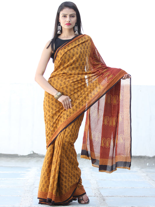 Mustard Black Rust Bagh Hand Block Printed Cotton Saree - S031703887