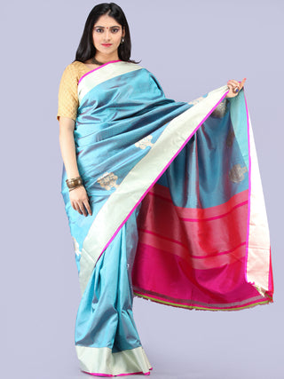 Banarasee Pure Katan Silk Handloom Saree With Zari Work - Turquoise Blue & Silver - S031704305