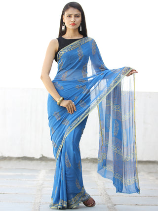 Blue Mustard Hand Block Printed Chiffon Saree with Zari Border - S031703967
