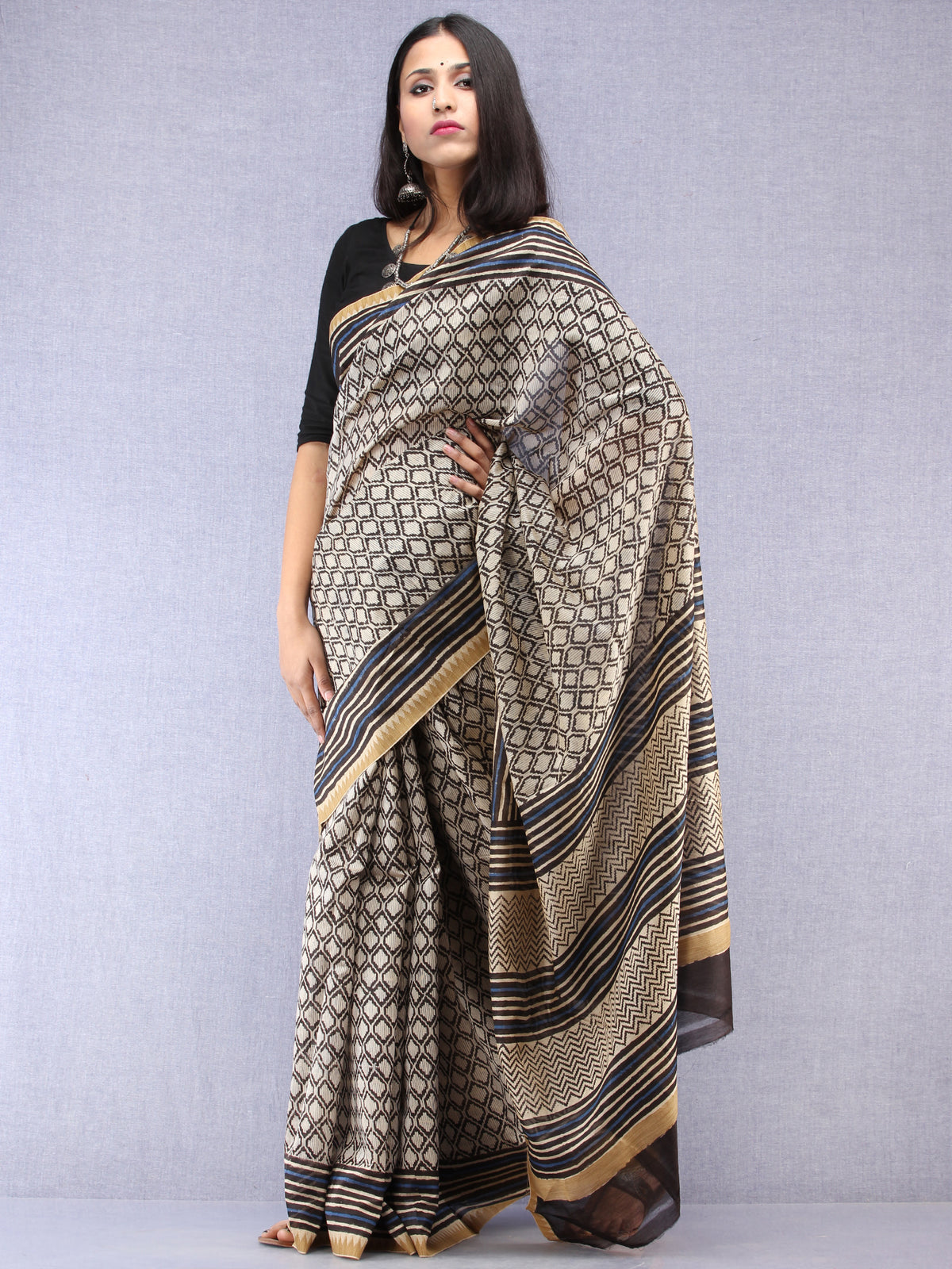 Ivory Black Indigo Hand Block Printed Chanderi Saree With Geecha Border - S031704523