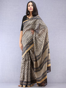 Ivory Black Indigo Hand Block Printed Chanderi Saree With Geecha Border - S031704523
