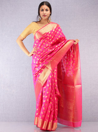 Banarasee Semi Silk Saree With Zari Work - Hot Pink & Gold - S031704370