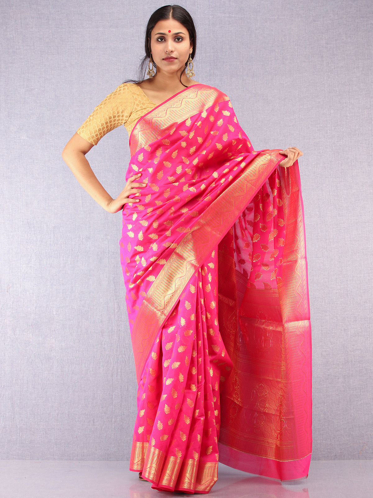 Banarasee Semi Silk Saree With Zari Work - Hot Pink & Gold - S031704370