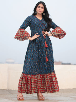 Indigo Red Hand Block Printed Angrakha Style Cotton Long Dress D464F2142