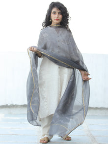 Grey White Shibori Kota Silk Hand Block Printed Dupatta - D04170647