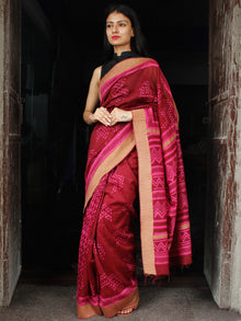 Cherry Red Pink Chanderi Silk Hand Block Printed Saree With Geecha Border - S031703996