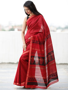 Red Maroon Black Bagh Hand Block Printed Maheswari Silk Saree With Resham Border - S031703840