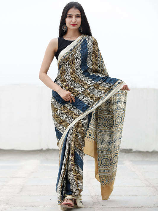 Beige Indigo Brown Black Ajrakh Hand Block Printed Modal Silk Saree in Natural Colors - S031703709