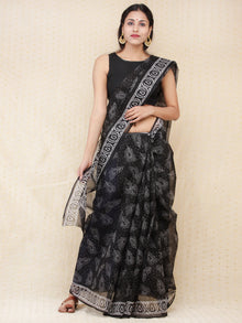 Black & White Hand Block Printed Kota Doria Saree  - s031704166