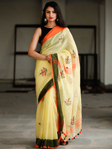 Pastel Yellow Green Orange Handwoven Linen Jamdani Saree With Tassels - S031703788
