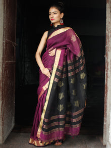 Purple Golden Black Handwoven Linen Jamdani Saree With Zari Border & Tassels - S031704014