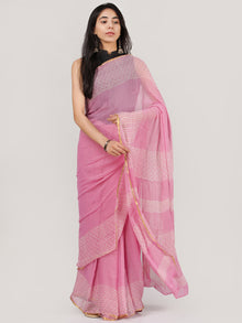 Pink OffWhite Hand Block Printed Chiffon Saree With Zari Border - S031704698