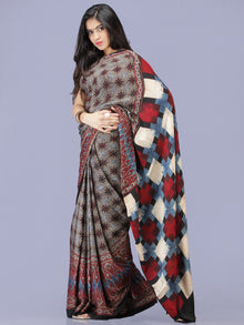 Black Maroon Ivory Indigo Ajrakh Hand Block Printed Modal Silk Saree - S031704189