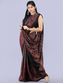 Maroon Black Blue Ajrakh Hand Block Printed Modal Silk Saree - S031704257