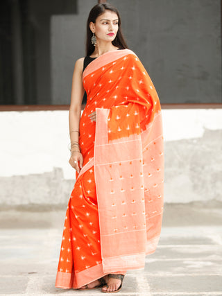 Orange White Green Ikat Handwoven Cotton Saree - S031704041