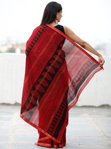 Red Maroon Black Bagh Hand Block Printed Maheswari Silk Saree With Resham Border - S031703840