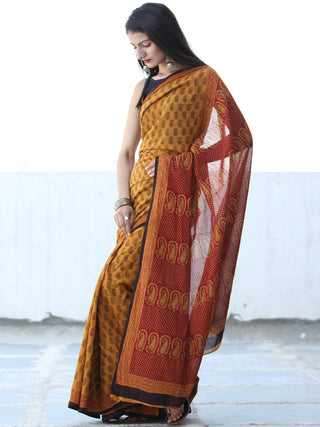 Mustard Black Rust Bagh Hand Block Printed Cotton Saree - S031703887