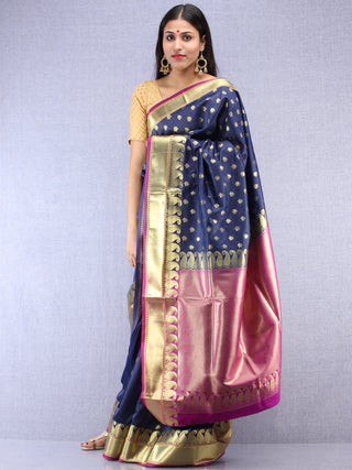 Banarasee Art Silk Saree With Zari Work  - Navy Blue Magenta & Gold - S031704416