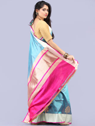 Banarasee Pure Katan Silk Handloom Saree With Zari Work - Turquoise Blue & Silver - S031704305