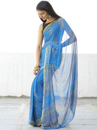Blue Mustard Hand Block Printed Chiffon Saree with Zari Border - S031703967