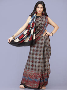Black Maroon Ivory Indigo Ajrakh Hand Block Printed Modal Silk Saree - S031704189