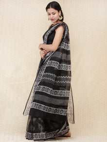 Black & White Hand Block Printed Kota Doria Saree  - s031704166