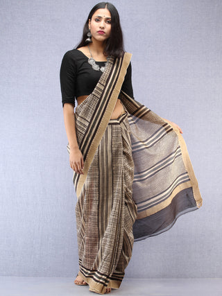 Ivory Black Chanderi Hand Block Printed Saree With Geecha Border - S031704495