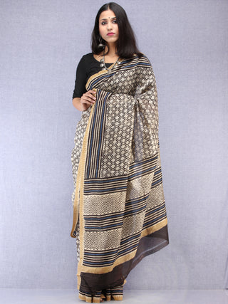Ivory Black Indigo Hand Block Printed Chanderi Saree With Geecha Border - S031704523