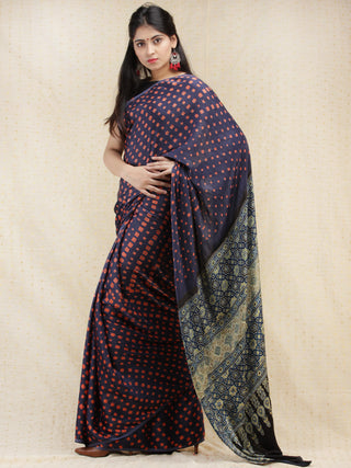Purple Pink Indigo Bandhej Modal Silk Saree With Ajrakh Printed Pallu & Blouse - s031704146
